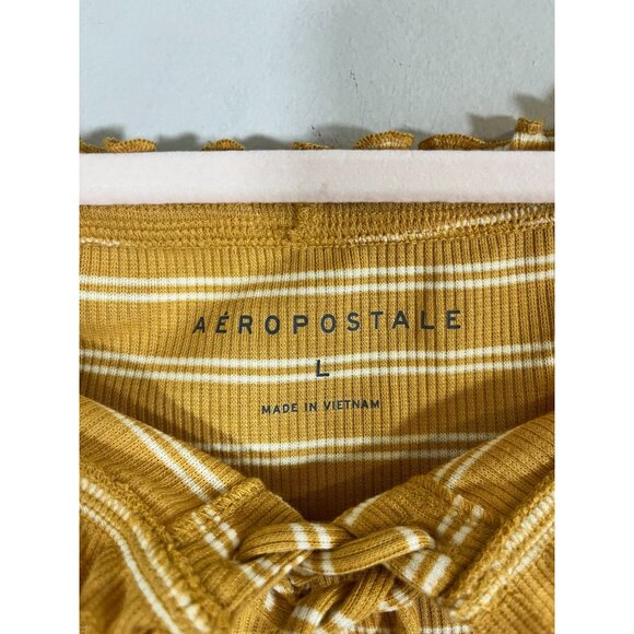Aeropostale Y2K Rib Stripe Top L Yellow Ruffle Off Shoulder Preppy Chic Lace Up - Picture 6 of 10